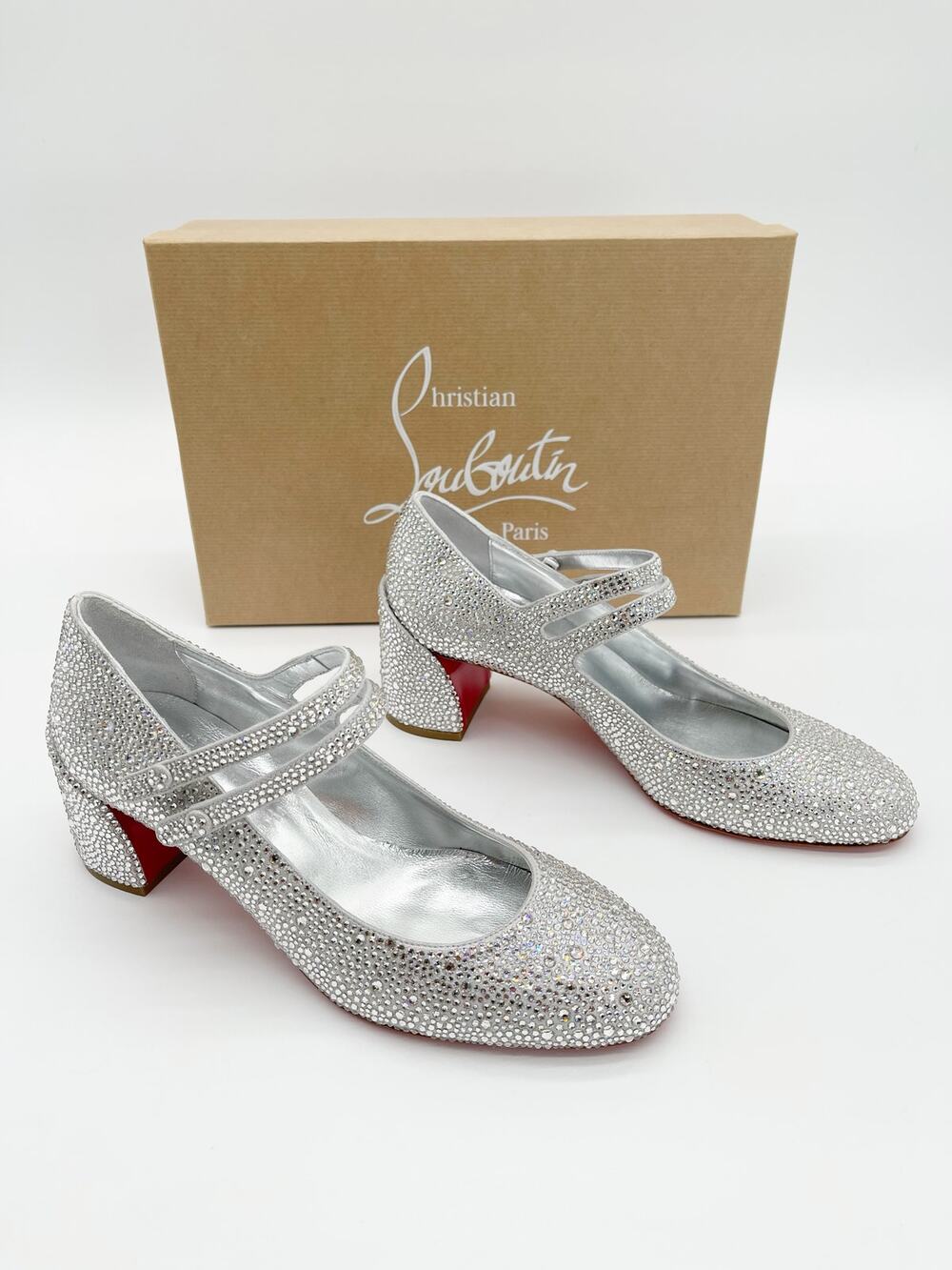 New Christian Louboutin Sweet Jane Strass Crystal Mary Jane Block Heels EU 38